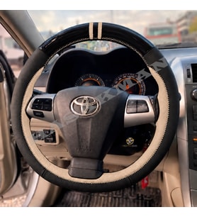 Toyota Corolla E140 / E150 Dikme Direksiyon Kılıfı Parlak Siyah Bej Detaylı Bej Çift Yüzük ve Dikiş 2006-2013