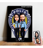 Kişiye Özel Polis Çift Karikatür Ahşap Tablo - mx13