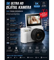 5K 75MP 18X Zoom Flaşlı 3” Flip Ekranlı Türkçe 64GB Kart Dijital Vlog Fotoğraf Makinesi