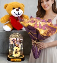 Kişiye Özel Premium Hediye Seti Led Işıklı Kelebek Buketi Peluş Ayıcık Led Işıklı Fanus (Model 1)