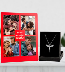 Kişiye Özel 4 Fotoğraflı Mesajını Oluştur Kırmızı Renk Kolaj Masaüstü Çerçeve Ve Gümüş Melek Kolye