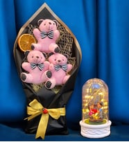 Pembe Peluş Ayıcıklı Büyük Boy Ayıcık Buketi ve Led Işıklı Tasarım Fanus (Model 7)