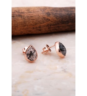 Doğal Rutil Kuvars Taşlı Damla Mini Rose Gümüş Küpe 5827