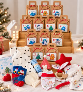 Erkek Bebek İlk Yılbaşım Tekstil Hediye Seti - 12 Günlük Yılbaşı Geri Sayım Takvimli (Advent Calendar) Konsept Bebek Hediye Kutusu