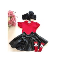 Kız Çocuk, Deri Fiyonklu Etek, Omuzları Fırfırlı Badi, Mikili Çorap, Siyah Bandana Takım, Set