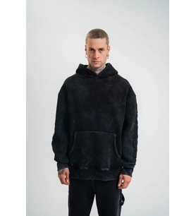 Unisex Uzun Kol Kapşonlu Yıkamalı Nakışlı SweatShirt - Siyah