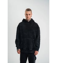 Unisex Uzun Kol Kapşonlu Yıkamalı Nakışlı SweatShirt - Siyah