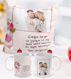 BK Gift Kişiye Özel El Yazı Mesajlı Fotoğraflı Kırlent Yastık ve Kupa Hediye Seti