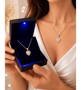 Premium Işıklı Kutuda Pembe Taşlı Kalp Tasarımlı Gold Kadın Kolye (BJ)