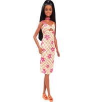 Barbie Bebek Kareli Ve Çiçekli Midi Elbisesiyle Siyah Saçlı Barbie Fashionistas Bebek Hyt91