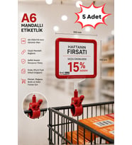 5 Adet - A6 Fiyatlık Mandallı Etiketlik Sepet Raf Askılık Fiyat Etiketi Çerçeveli Market Mağaza Kırmızı