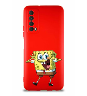 Huawei P Smart 2021 Soft Premier Kapak Sünger Bob Tasarımlı Silikon Kılıf - Kırmızı (Şeffaf)
