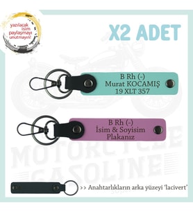 Macera Aşıklarına Özel, İsim Plaka ve B Rh (-) Kan Grubu Yazılı x2 Anahtarlık, Pembe-Turkuaz-Laci (Çok Renkli)