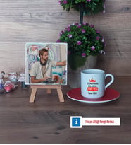 Enişteye Hediye Fotoğraflı Dekoratif Taş, Ahşap Altlıklı Türk Kahvesi Fincanı HediyeEnişteye Doğum Günü Hediyesi (Model 3)