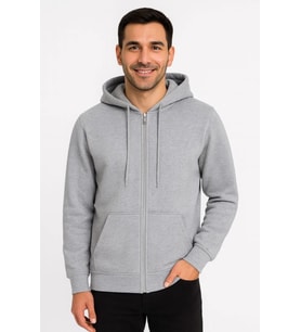 Erkek Üç İplik Kapüşonlu Tam Fermuarlı Kanguru Çepli SweatShirt Hoodie - Gri