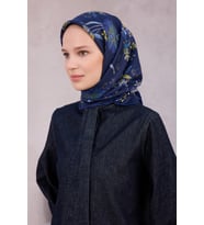 Çiçek Desen İpek Twill Eşarp 4210D01 (Lacivert)