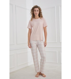 Kadın Ekose Desenli Bisiklet Yaka Pijama Takım  Pudra 30102-1285