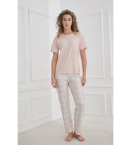 Kadın Ekose Desenli Bisiklet Yaka Pijama Takım  Pudra 30102-1285