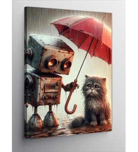 Kanvas Tablo Şemsiye Altında Robot Ve Kedi