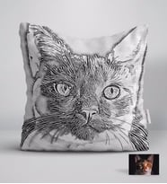 BK Gift Kişiye Özel Tam Boy Karakalem Kedi Karikatürlü Beyaz Yastık-1