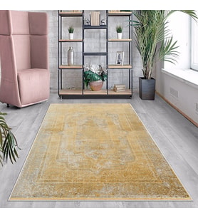 Gold Osmanlı Motifler Eskitme Yıkanabilir Kaymaz Taban Leke Tutmaz Modern Salon Halısı ve Yolluk