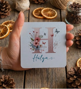 Kişiye Özel Çiçekli H Harfli Bardak Altlığı Doğum Günü Hediyesi (Beyaz)