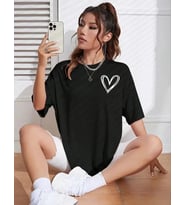 Bisiklet Yaka Baskılı Oversize T-Shirt - Siyah