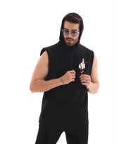Unisex Kapşonlu Kolsuz Oversize Baskılı Tişört - Siyah