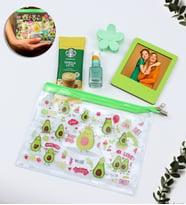 Kişiye Özel Yeşil İnstagram Çerçeve & Avakado Sulu Fermuarlı Desenli Şeffaf El Çantası & Pastel Oje & Renkli Papatya Mandal Toka & Starbucks Kahve Hediye Seti