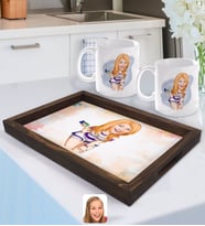 BK Gift Kişiye Özel Kadın Karikatürlü Doğal Ahşap Tepsi ve 2’li Kupa Bardak Seti-36