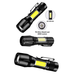 Ultra Çift Yönlü Güçlü Pilli Led El Feneri 2000 Lümen 6W Cob Led Su Geçirmez Zoomlu 3 Modlu