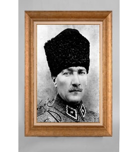 Altın Varaklı Çerçeveli Paspartulu Atatürk Tablo a491 (Gold)