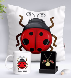 BK Gift Kişiye Özel Uğur Böceği Temalı Yastık Kupa ve Açılan Uğur Böceği Kolye Hediye Seti-1 (Model 1)