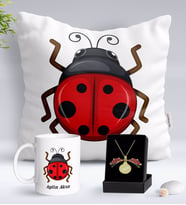 BK Gift Kişiye Özel Uğur Böceği Temalı Yastık Kupa ve Açılan Uğur Böceği Kolye Hediye Seti-1 (Model 1)