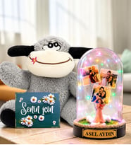 Kişiye Özel Yazılı 3 Fotoğraflı Renkli LED Işıklı Fanus(şans melekli) ve Şaşkın Peluş Eşek