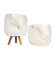 Bitki Tasarımı  Beyaz Üzeri Gold Mermer Efektli Toprak Saksı Saksılık Salon Çiçeklik İkili Set Ayaksız - 3 Ayaklı 19 CM