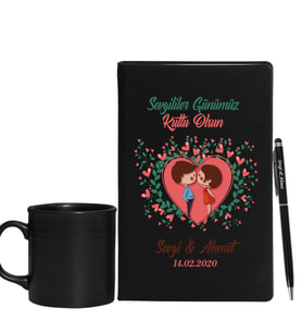 Sevgililer Gününe Özel Siyah Defter Kalem & Varil Kupa Hediye Seti 3