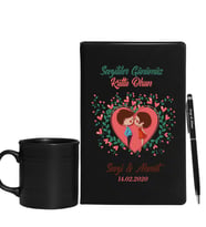 Sevgililer Gününe Özel Siyah Defter Kalem & Varil Kupa Hediye Seti 3