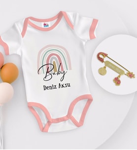 BK Kids Kişiye Özel Baby Tasarımlı Pembe Bebek Body Zıbın ve Kız Bebek İğnesi Hediye Seti-1