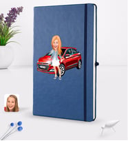 BK Gift Kişiye Özel Plakalı Kadın Hyundai İ20 Karikatürlü Lacivert Termo Deri Defter 16x24cm Model 1