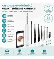 Beyaz Kablosuz HD Görüntülü Kulak Temizleme Kamerası, LED Işıklı Type-C Şarjlı iOS ve Android Uyumlu Kulak Temizleme Seti (5680)