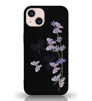 Apple iPhone 13 Mini  Lansman Kılıf Lavanta ve Kelebek Tasarımlı Altı Kapalı İçi Kadife Kaplı  Kapak (Şeffaf)