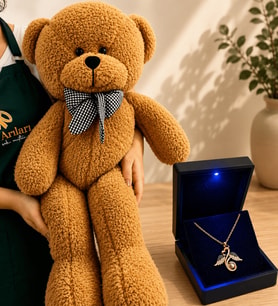 Işıklı Kutuda 925 Ayar Gümüş Rose Sevgi Meleği 100 Dilde Seni Seviyorum Kolye ve 80 cm Kahve Peluş Ayıcık Hediye