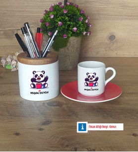 Sevimli Panda Hediyeleri Türk Kahvesi Fincanı Kırmızı, Kalemlik Kişiye Özel Hediye (Model 1)
