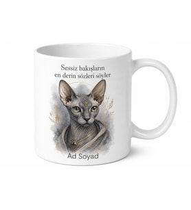 İsme Özel Sphynx Kedi Desenli Kupa Bardak Özel Tasarım Hediye