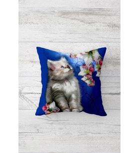 Cute Cat Sevimli Kedili Çiçekli Mavi Çift Taraf Gizli Fermuar Genç Kız Kırlent Koltuk Yastık Kılıfı (Lacivert)