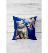 Cute Cat Sevimli Kedili Çiçekli Mavi Çift Taraf Gizli Fermuar Genç Kız Kırlent Koltuk Yastık Kılıfı (Lacivert)