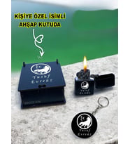 Kişiye Özel Isimli Ülkücü Hilal Siyah Benzinli Çakmak Ve Anahtarlık Özel Ahşap Kutusunda