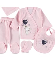 Yenidoğan Pamuklu Kız Bebek Tavşan Desenli 5’li Zıbın Seti 1/3 Ay, Hediyelik (Pembe)