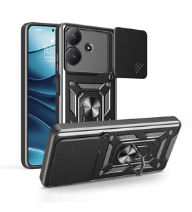 Realme Note 60 Kılıf Yüzüklü Standlı Sürgülü Kamera Korumalı Tank Sert Silikon Kapak (Siyah)